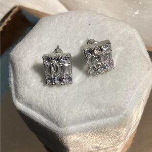 Luxurious Square Baguette & Round  cut Zircon Halo  Post back Earrings